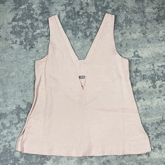 Reiss Emi Linen Blend Top V Neck with Cut Outs Sleeveless Neutral Blush Sz 6 - Picture 7 of 14
